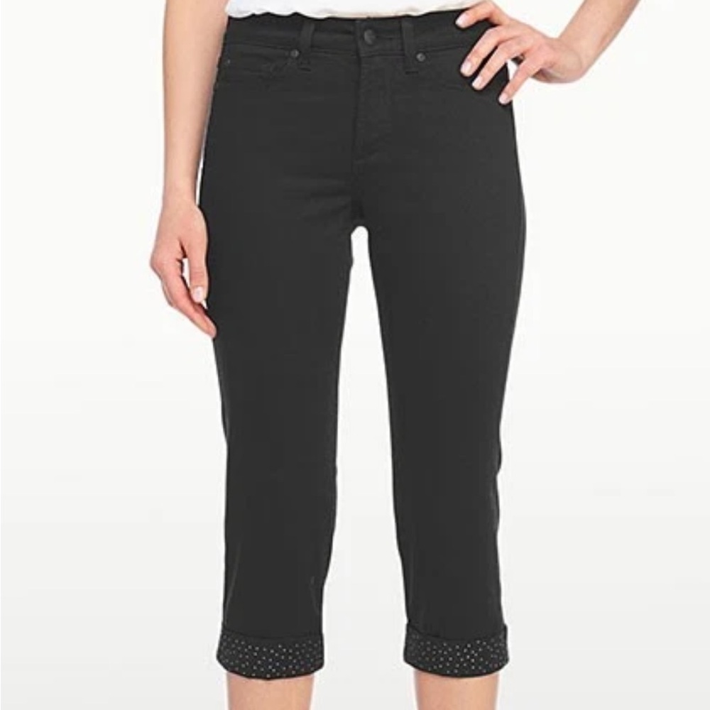 NYDJ black denim cropped cuffed straight leg rhinestone detail size 8P 8 petite